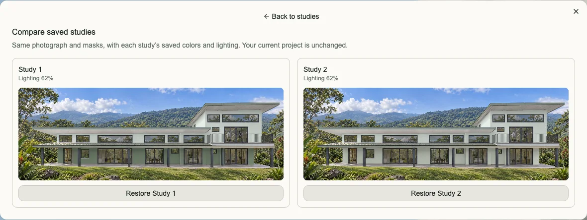 House Color Lab side-by-side comparison of two saved exterior color schemes