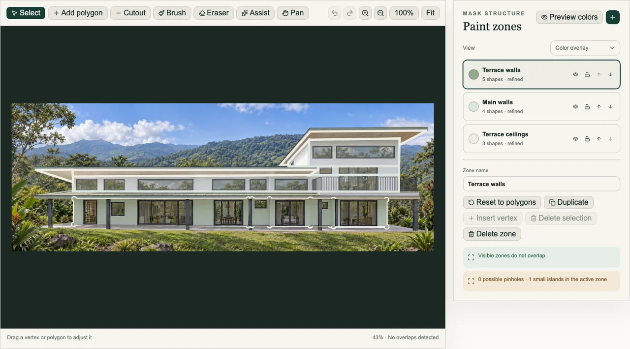 House Color Lab mask editor refining paintable architectural surfaces